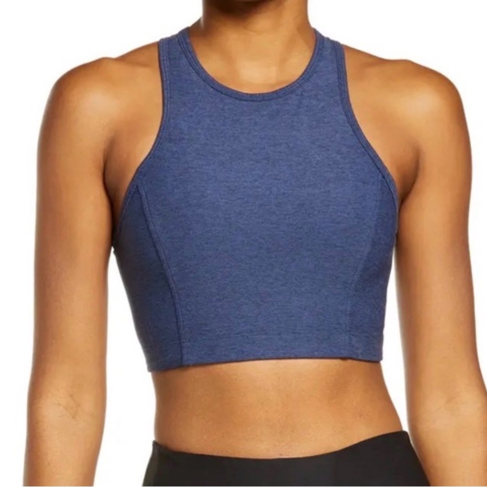 Outdoor Voices Athena Crop Top Small navy blue high neckline coverage racerback‎
